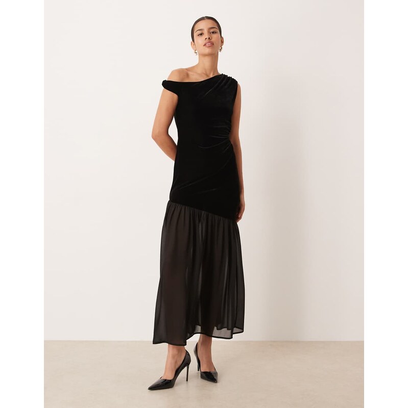 Gina Tricot velvet twisted off shoulder maxi dress with mesh