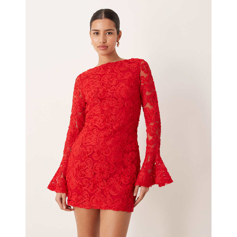 Gina Tricot long sleeve embroidery mini dress with open back in