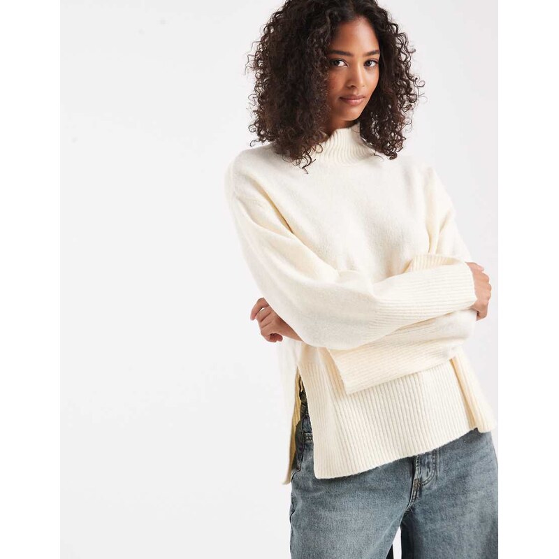 Brave Soul high neck jumper with wide sleeves in cream-White