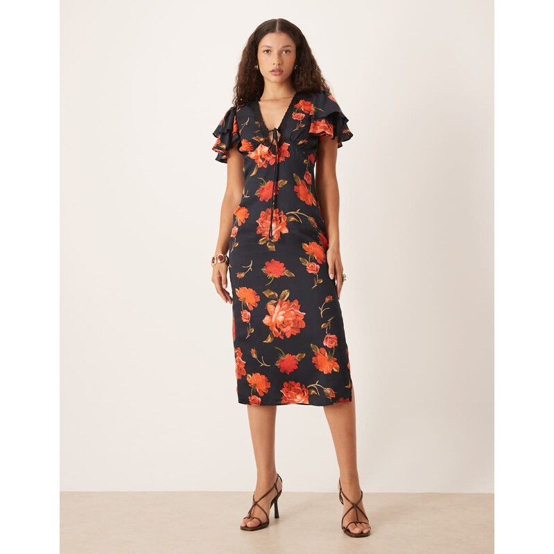 Hope & Ivy satin lace trim flutter sleeve midi dress in black