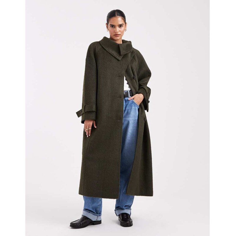 ASOS DESIGN longline wool blend funnel neck coat in khaki-Black