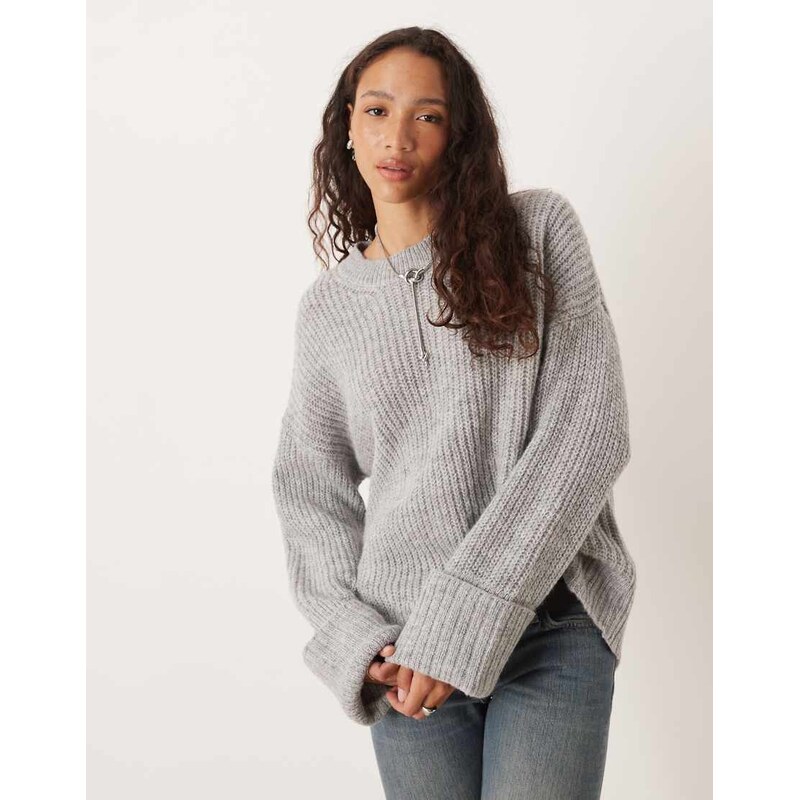 JJXX oversized knit jumper with fold up sleeves in light grey