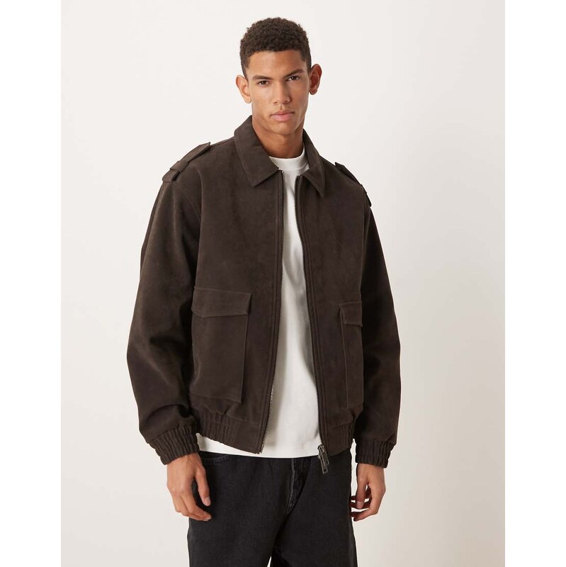 ASOS DESIGN bomber jacket in faux suede in brown