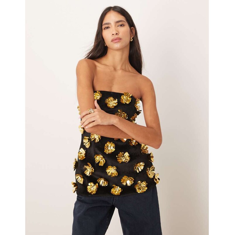 ARRANGE 3D floral longline bandeau top in black 110432568