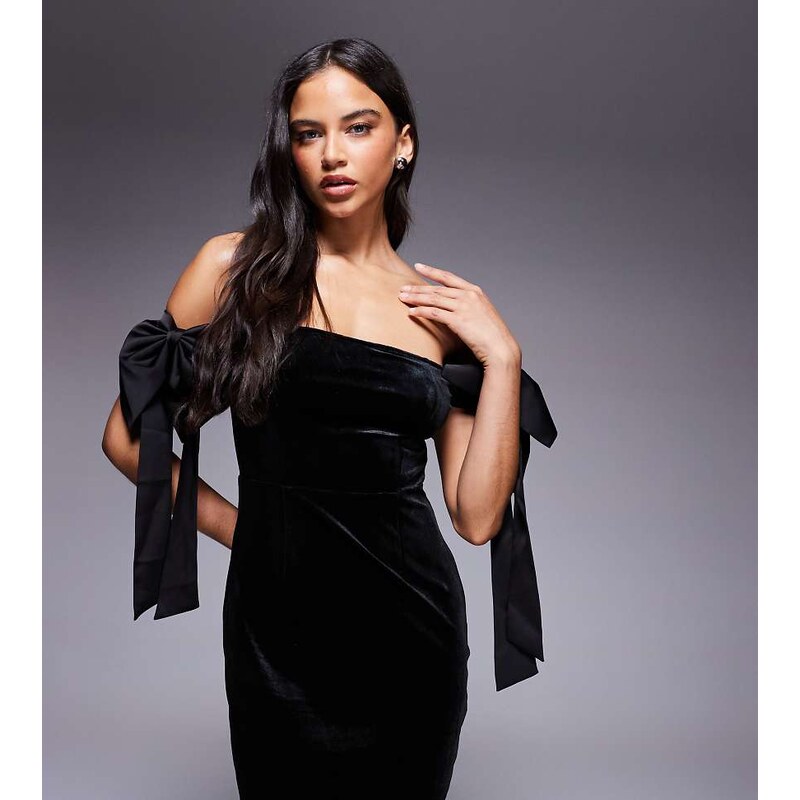 Kaiia exclusive velvet off shoulder oversized bow detail mini