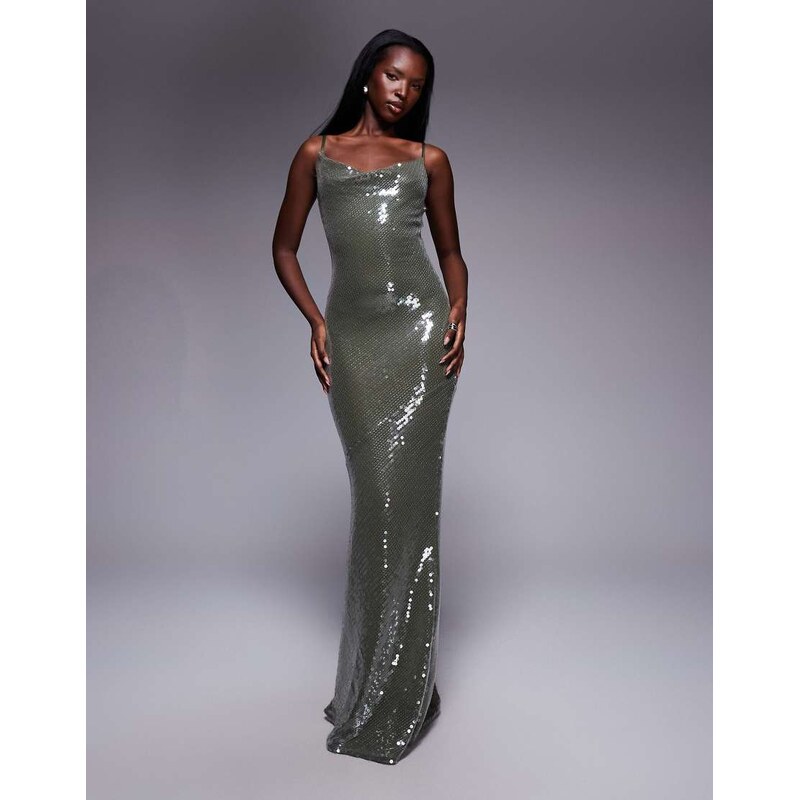 ASOS DESIGN sheer sequin cowl neck maxi dress with strappy back in 115746227