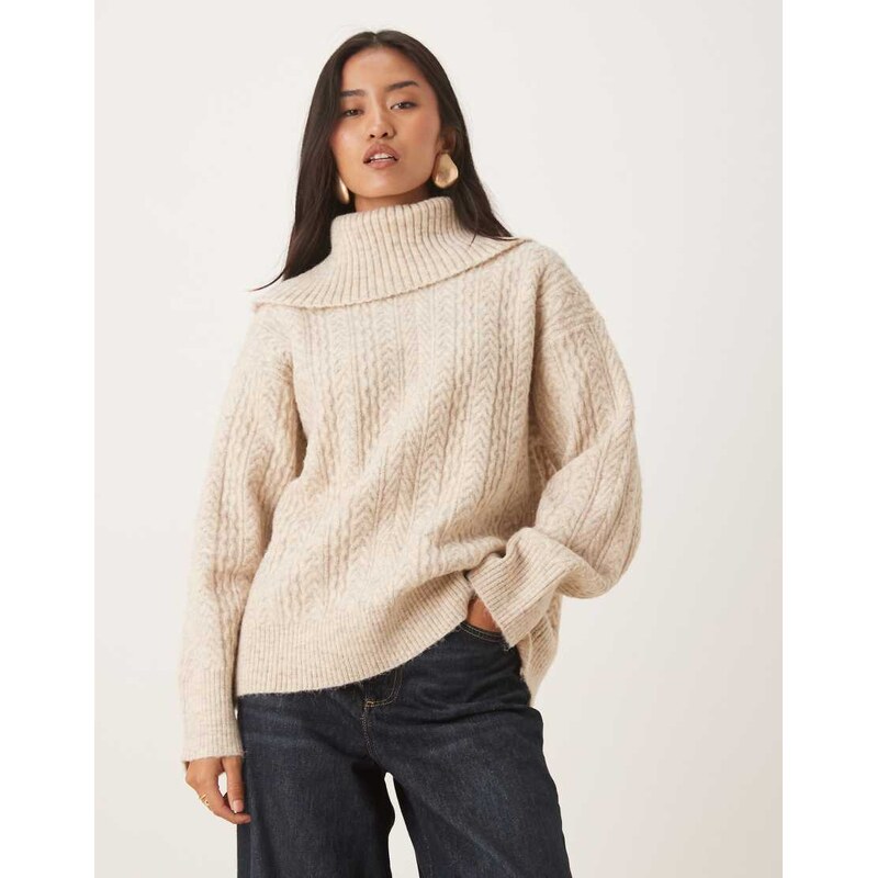 Pretty Lavish cable knit exaggerated roll neck jumper in beige-Brown 110468660