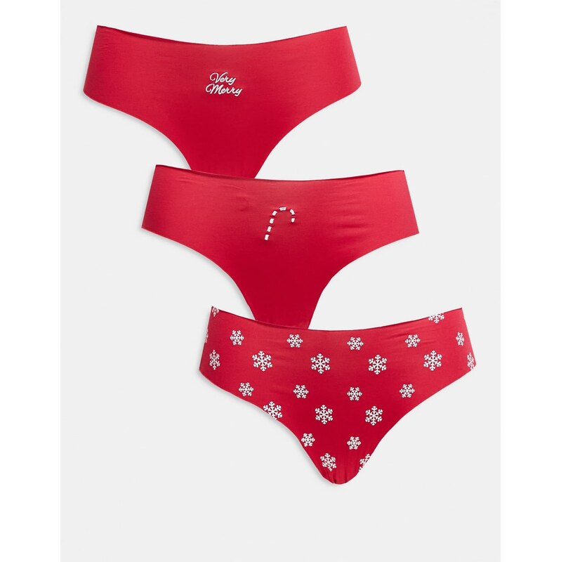 ASOS DESIGN 3 pack christmas print no vpl & lace brazilian in cherry 110432648