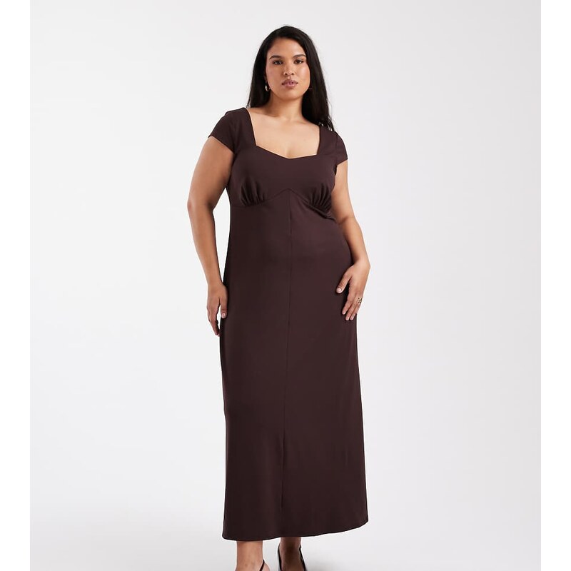 ASOS Curve ASOS DESIGN Curve cap sleeve midi tea dress in chocolate 110432692