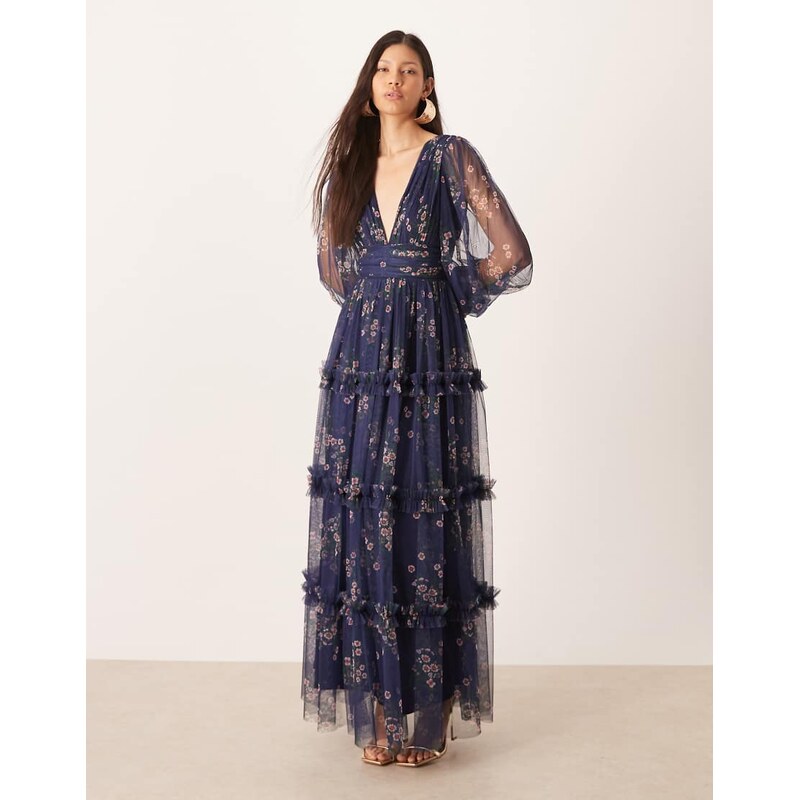 Lace & Beads deep v neck sheer bell sleeve maxi dress in navy