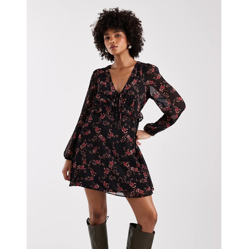 New Look chiffon long sleeve mini dress in black floral