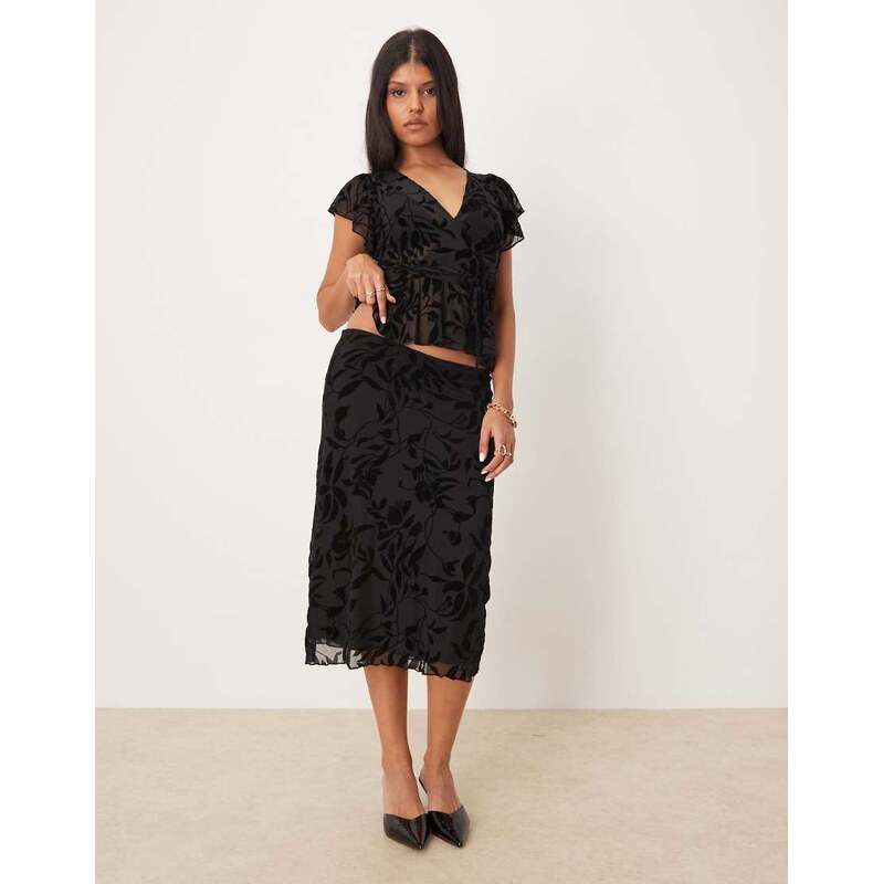 Motel atira low rise midi skirt in flocked black flower co-ord 115740643