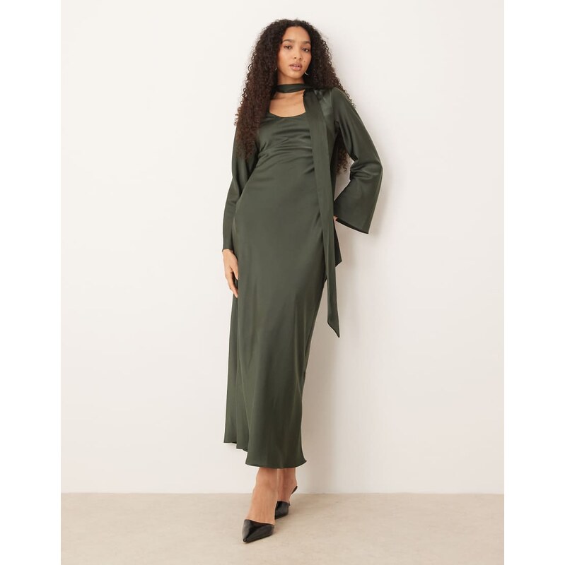 ASOS DESIGN scarf detail long sleeve maxi dress in dark green-No