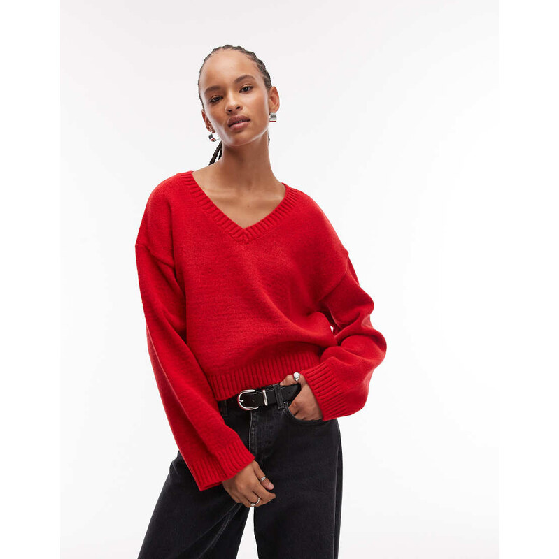 ASOS DESIGN knitted wide sleeve v neck jumper in red 110922902