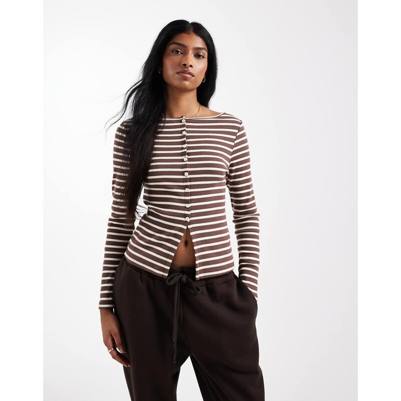New Look stripe button through long sleeve top in brown 110460447