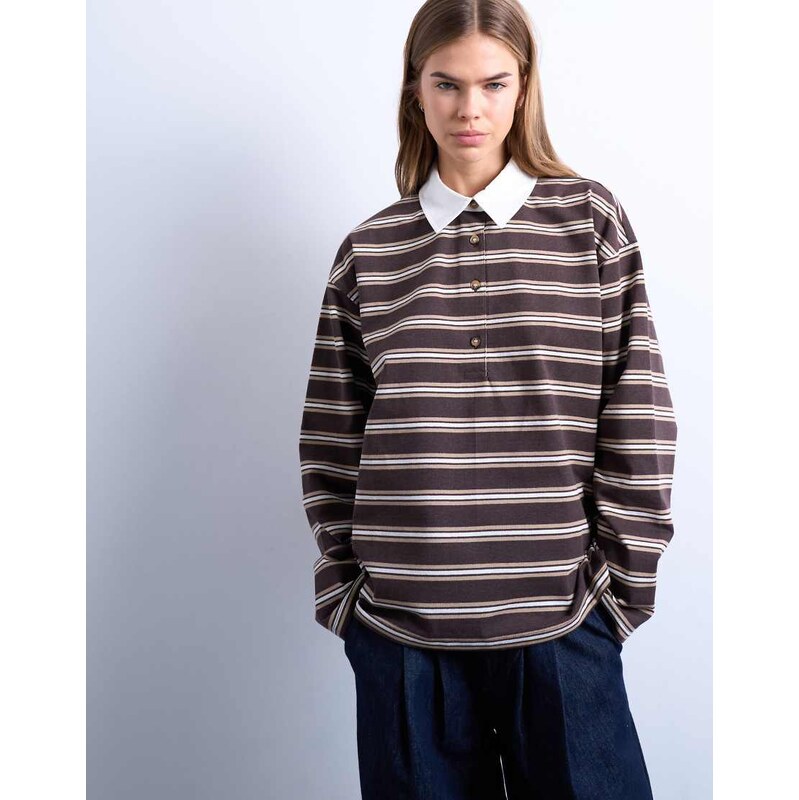 Topshop stripe rugby long sleeve polo top in chocolate-Brown