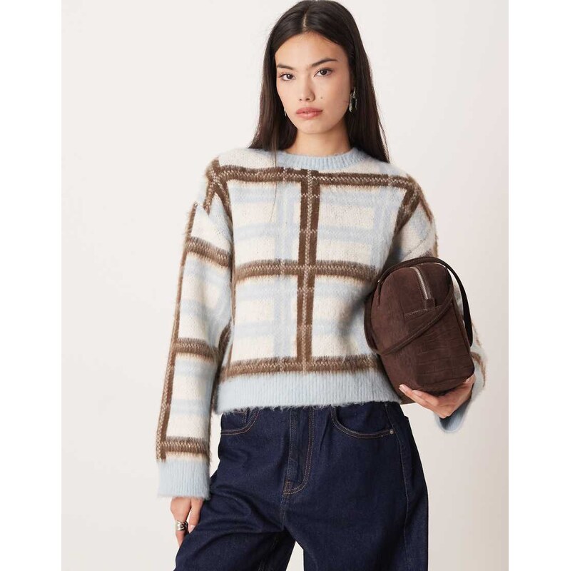 ASOS DESIGN knitted oversized brushed check jumper in blue-Multi 110442821