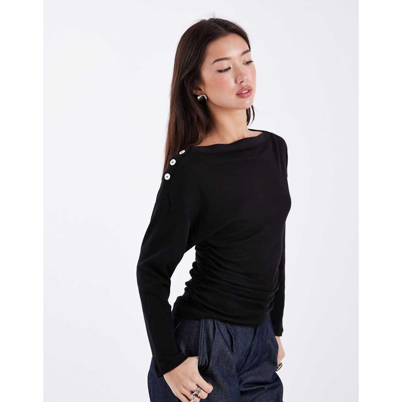 ASOS DESIGN button detail cinched long sleeve in black