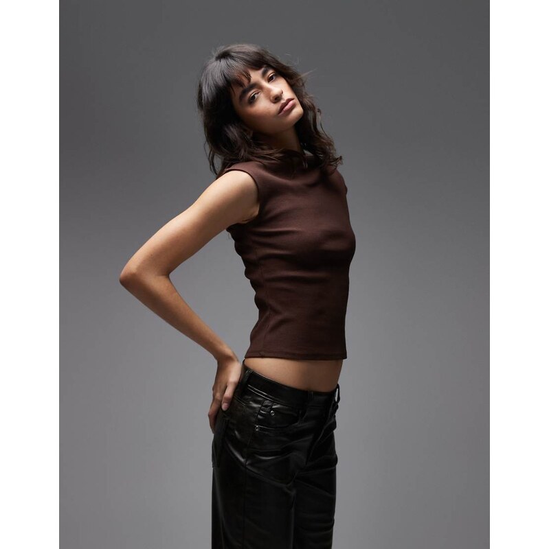 ASOS DESIGN slash neck ribbed top in brown-Black 115548831