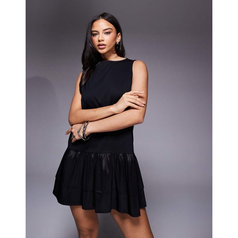 ASOS DESIGN oversized slash neck mini dress with taffeta double layer dropped hem detail in black