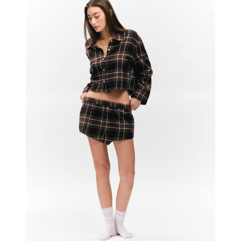 Monki mix and match flannel pyjama boxer shorts in brown check