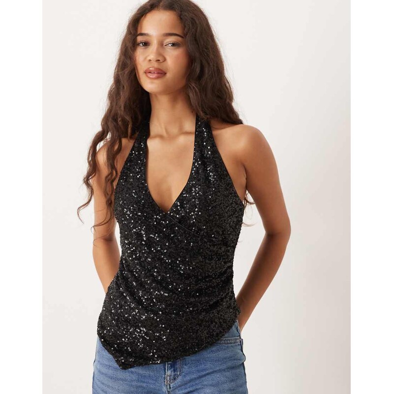 Gina Tricot sequin halterneck top in black