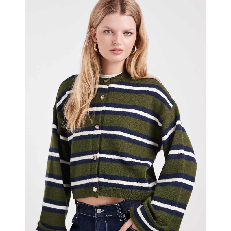 ASOS DESIGN knitted cardigan with turn up cuff in khaki stripe-Multi