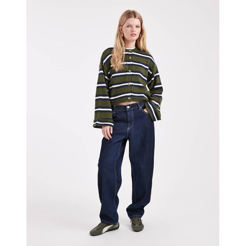 ASOS DESIGN knitted cardigan with turn up cuff in khaki stripe-Multi