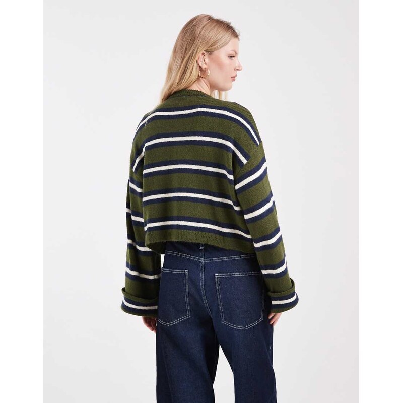 ASOS DESIGN knitted cardigan with turn up cuff in khaki stripe-Multi