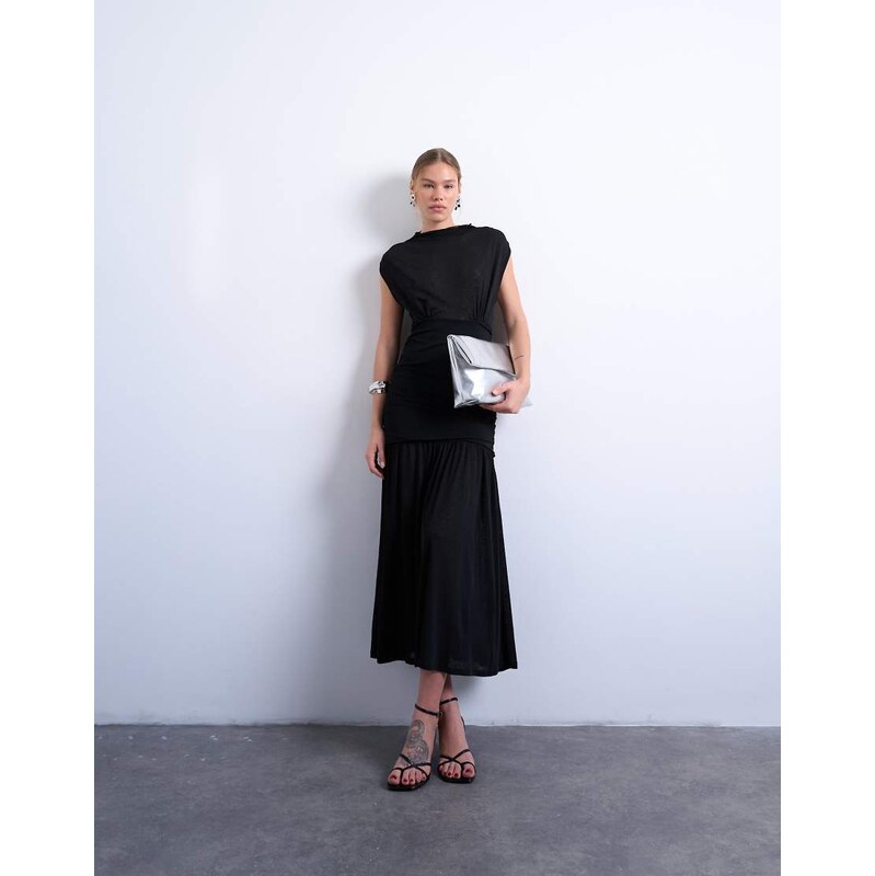 Topshop high neck ruched maxi dress in black