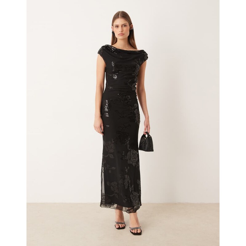 Gina Tricot fallen off one shoulder asymmetric sequin maxi dress