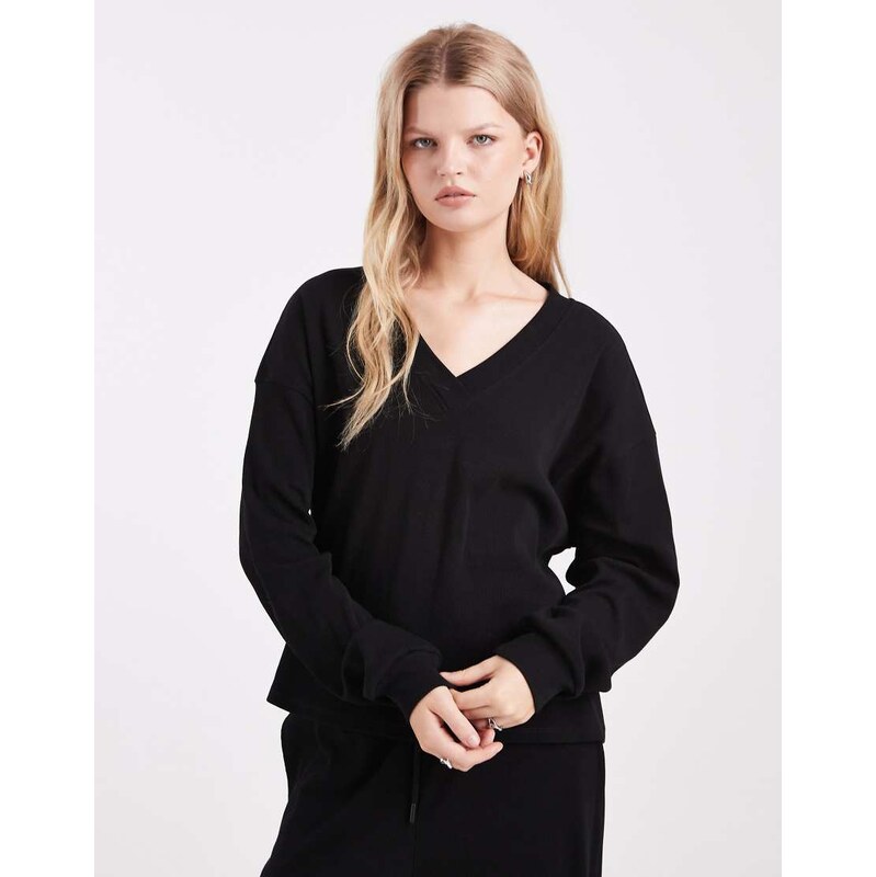 ASOS DESIGN v neck oversized ribbed sweat co ord in black 110432944