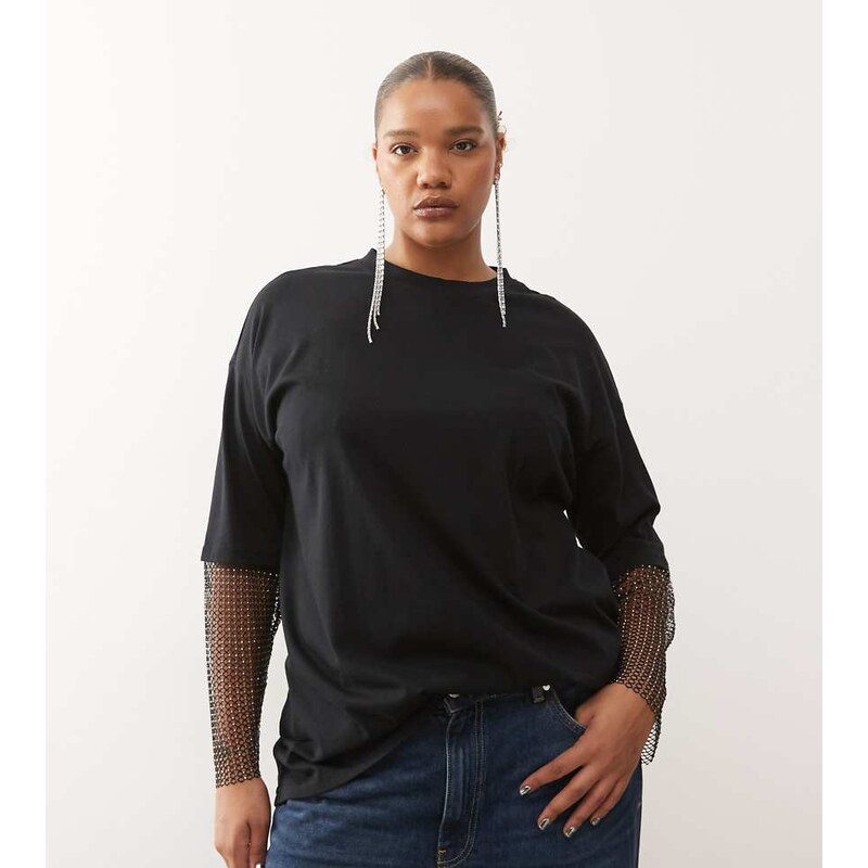 Noisy May Curve oversize t-shirt with rhinestone sleeve in black 110433015