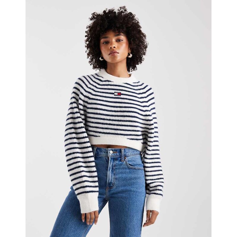 Tommy Jeans crop jumper in white and blue stripe 115735063