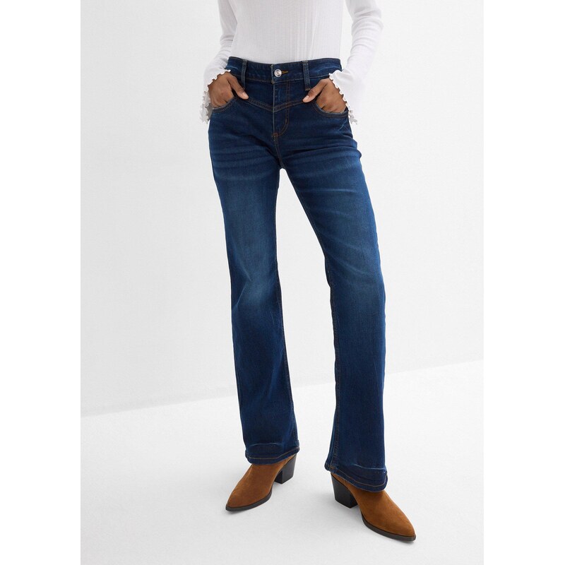 bonprix Strečové džíny Bootcut, Mid Waist modrá Žena