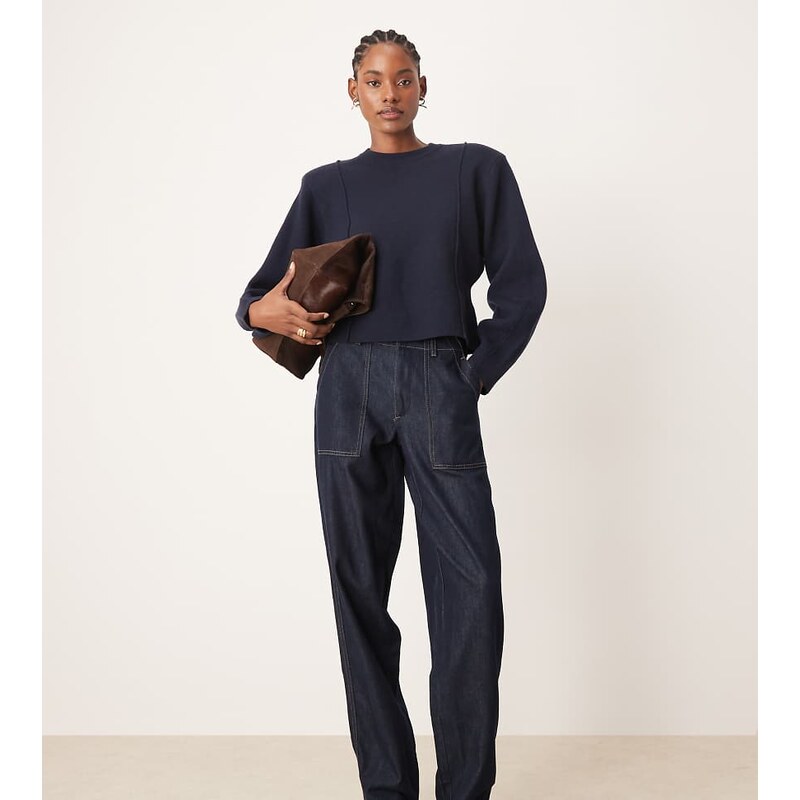 JDY Tall Sansa stitch detail high waisted barrel jeans in dark blue 110434957
