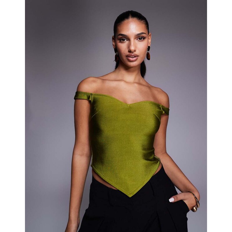 ASOS DESIGN bandage off shoulder top with asymmetric hem in