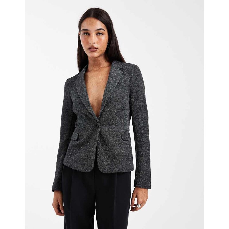 Vero Moda glitter fitted stretch blazer in black and silver 110435009