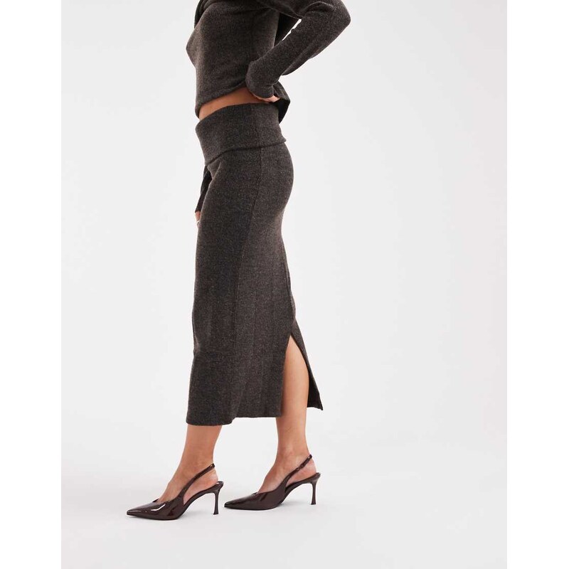Vero Moda Petite soft touch folded waistband midi skirt co-ord in chocolate melange-Brown