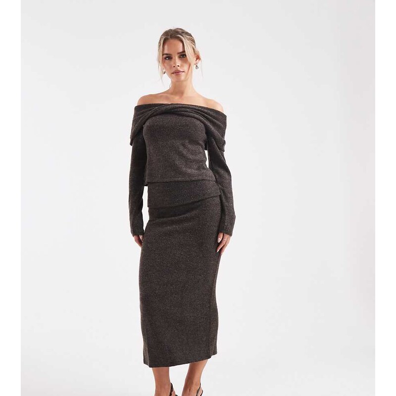 Vero Moda Petite soft touch folded waistband midi skirt co-ord in chocolate melange-Brown