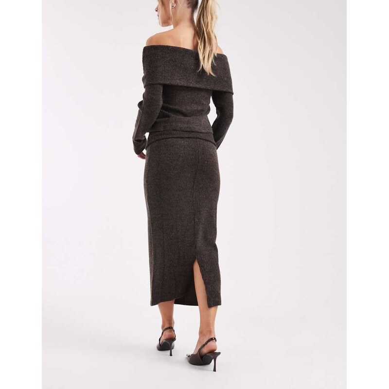 Vero Moda Petite soft touch folded waistband midi skirt co-ord in chocolate melange-Brown