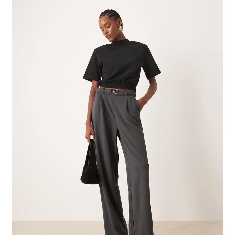 JDY Tall belt detail wide leg trousers in dark grey