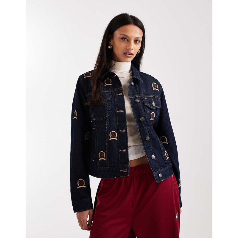 Tommy Jeans all over crest denim jacket in dark indigo wash-Navy 110435037