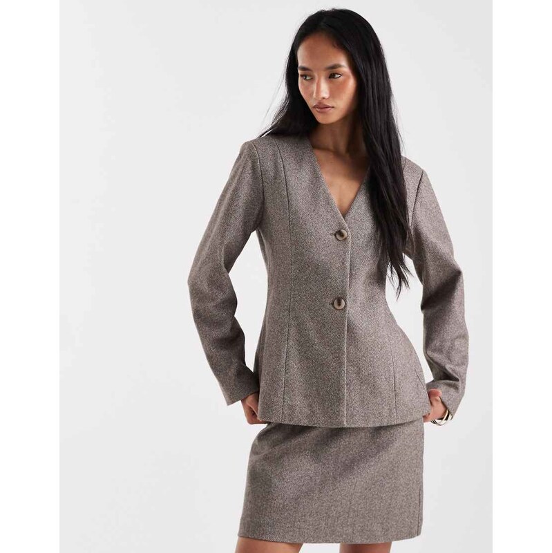 Pieces cinched waist textured tailored blazer co-ord in light brown 110435072