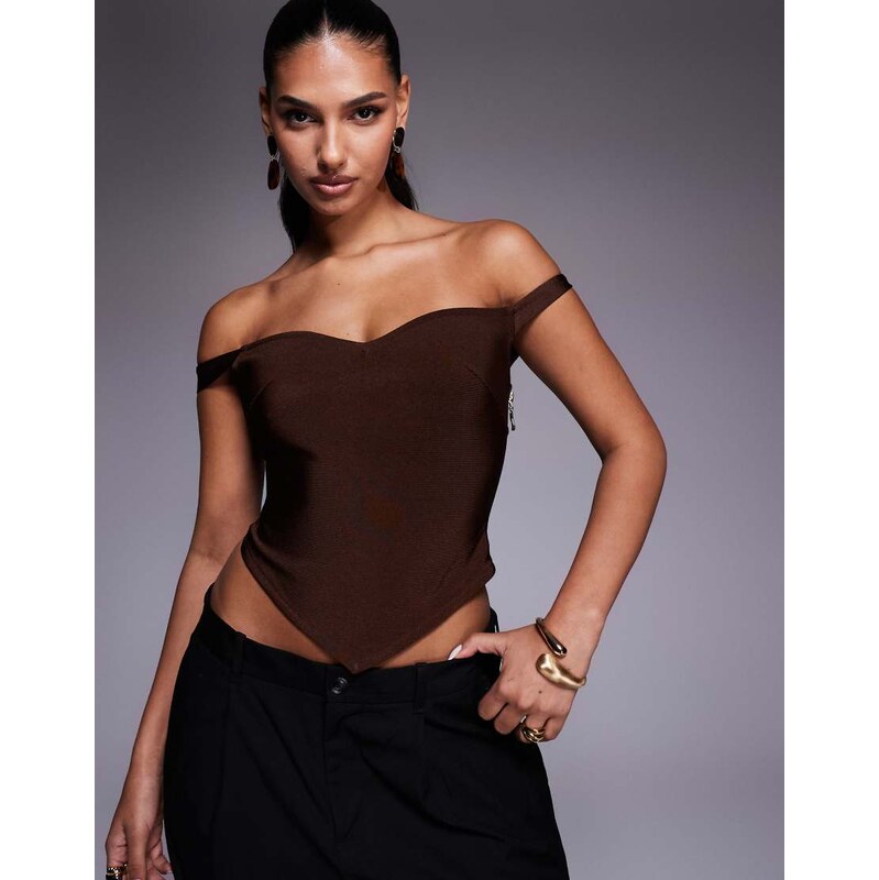 ASOS DESIGN bandage off shoulder top with asymmetric hem in