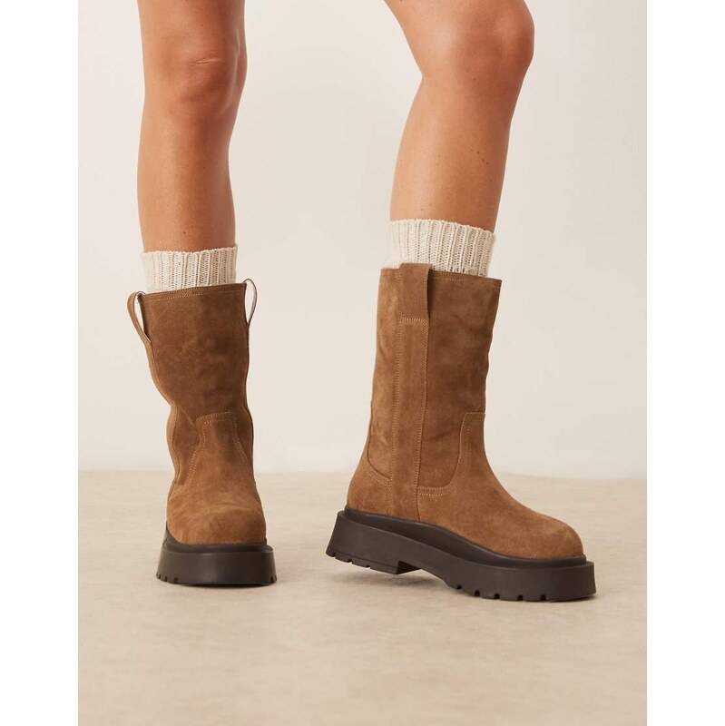 ASOS DESIGN Coast chunky pull on boots in tan suede with shearling 110799416