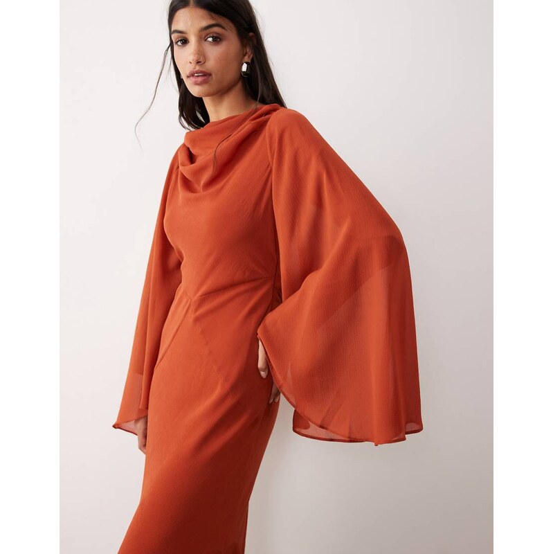 ASOS DESIGN drape back maxi dress with asymmetric sleeve in rust