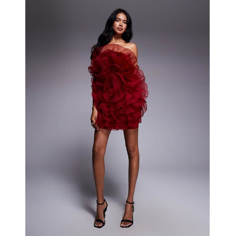 ASOS DESIGN bandeau velvet 3D floral ruffle bodice mini dress in
