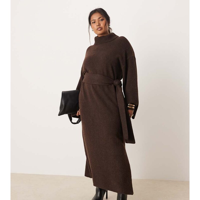 Pretty Lavish Curve knitted tie waist roll neck leg split midaxi dress 110619816