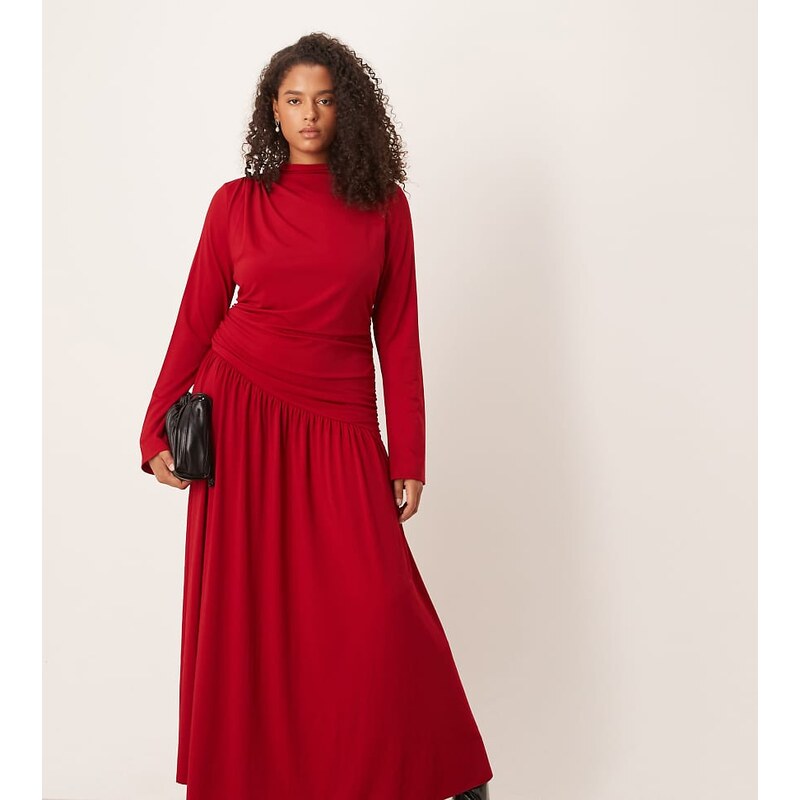 Pretty Lavish Curve slinky high neck asymmetric drop waist draped maxi 110852346